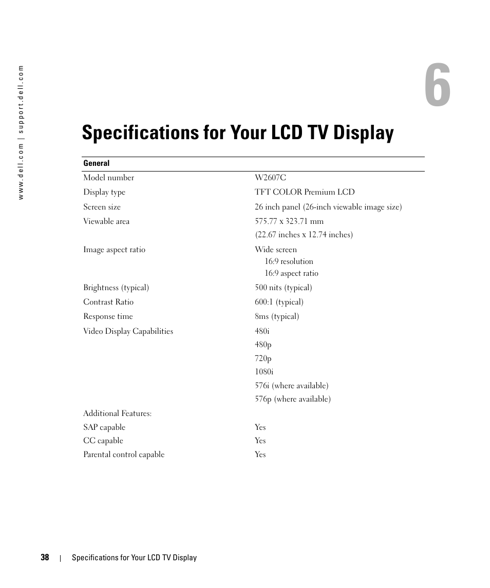 Specifications for your lcd tv display, 6 specifications for your lcd tv display | Dell W2607C LCD HD TV User Manual | Page 38 / 59