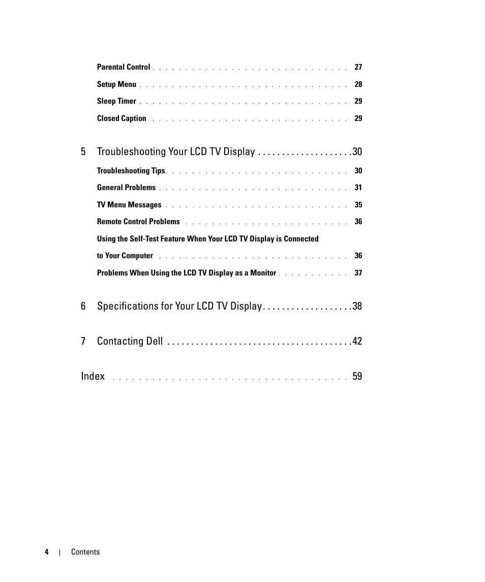 5 troubleshooting your lcd tv display | Dell W2607C LCD HD TV User Manual | Page 4 / 59