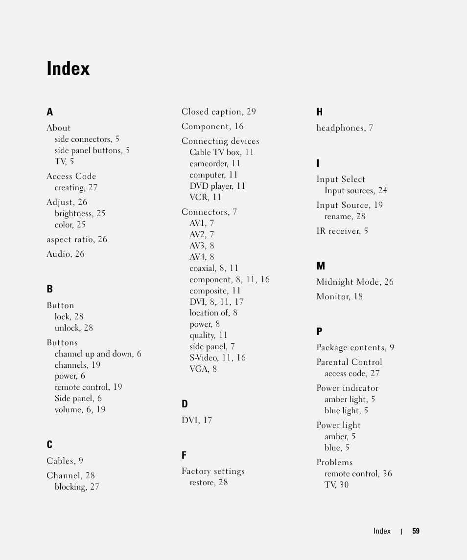 Index | Dell W2607C LCD HD TV User Manual | Page 58 / 59