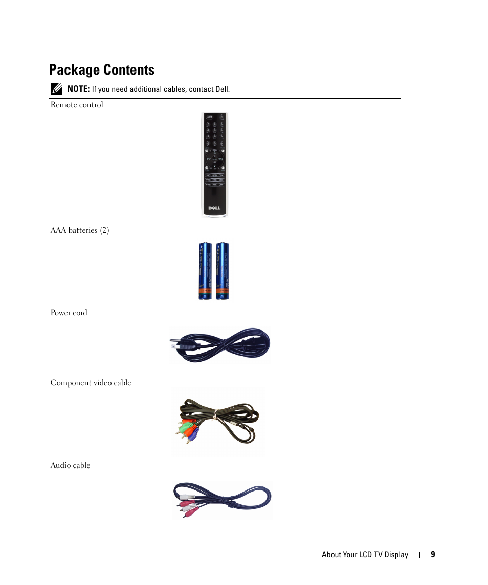 Package contents | Dell W2607C LCD HD TV User Manual | Page 9 / 59