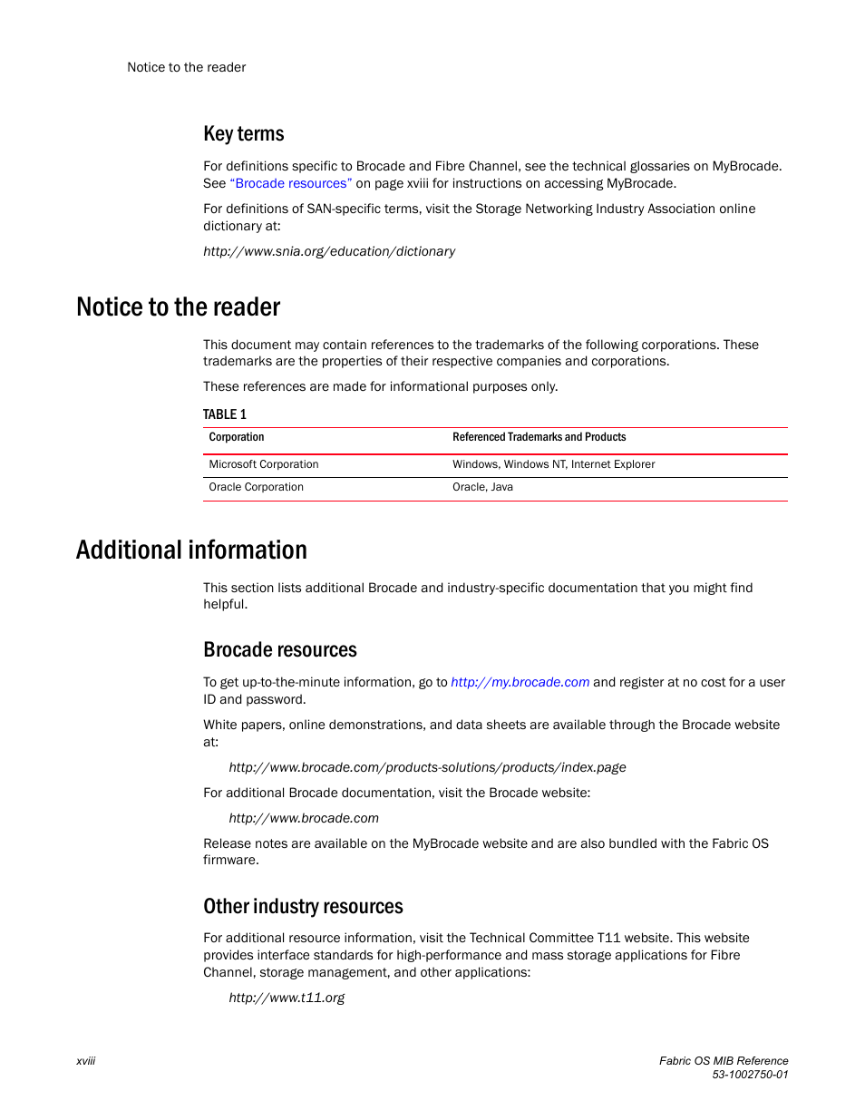 Key terms, Notice to the reader, Additional information | Brocade resources, Other industry resources | Dell POWEREDGE M1000E User Manual | Page 18 / 370