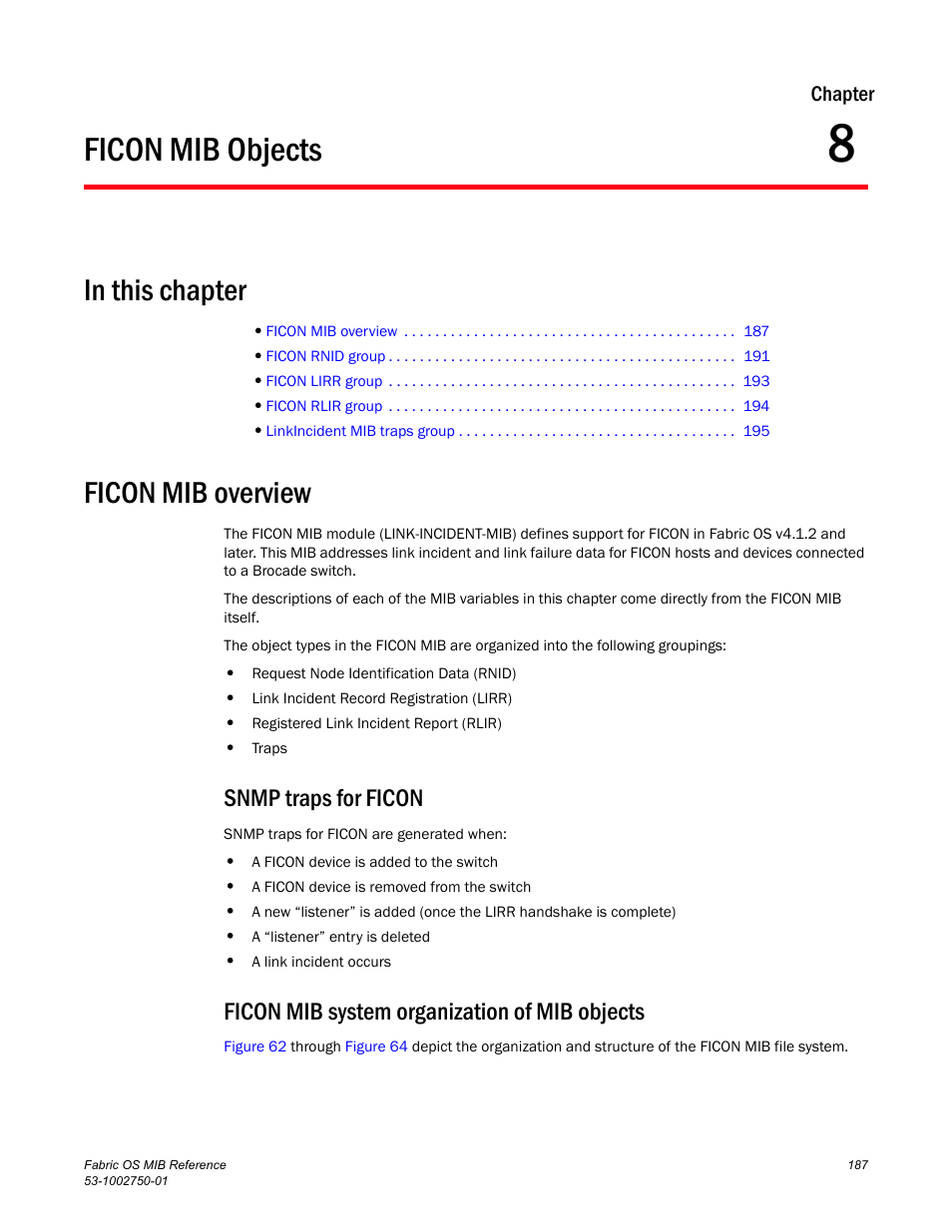 Ficon mib objects, Ficon mib overview, Snmp traps for ficon | Ficon mib system organization of mib objects, Chapter 8, Chapter 8, “ficon mib objects | Dell POWEREDGE M1000E User Manual | Page 207 / 370