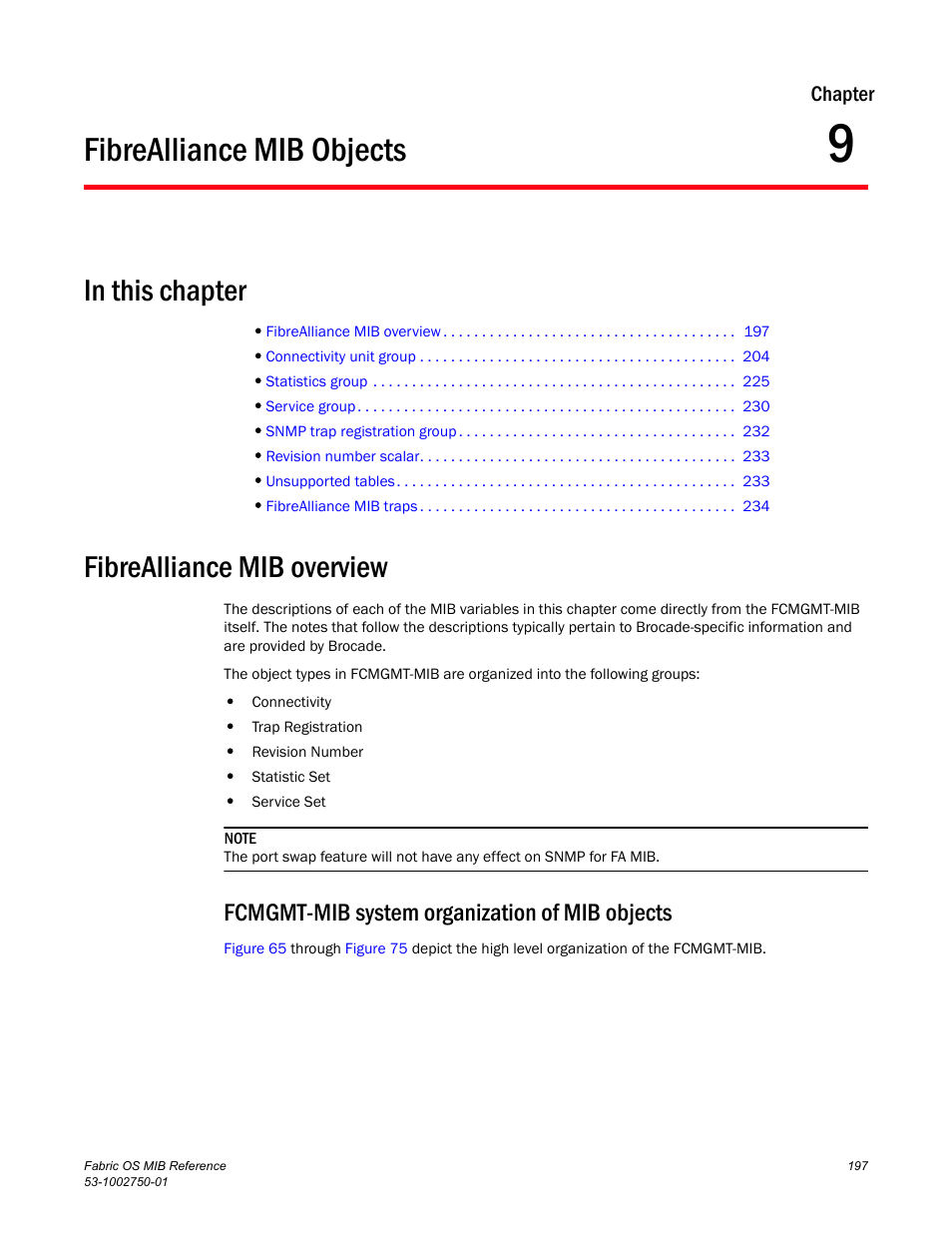 Fibrealliance mib objects, Fibrealliance mib overview, Fcmgmt-mib system organization of mib objects | Chapter 9, Chapter 9, “fibrealliance mib objects | Dell POWEREDGE M1000E User Manual | Page 217 / 370