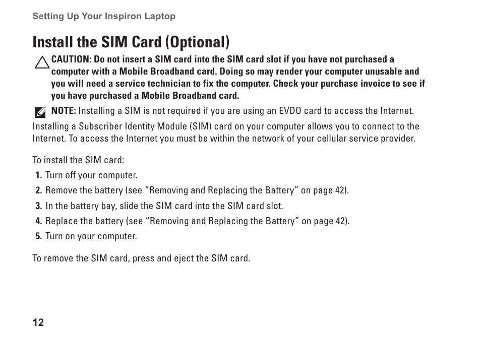 Install the sim card (optional) | Dell Inspiron M501R (Early 2010) User Manual | Page 14 / 96