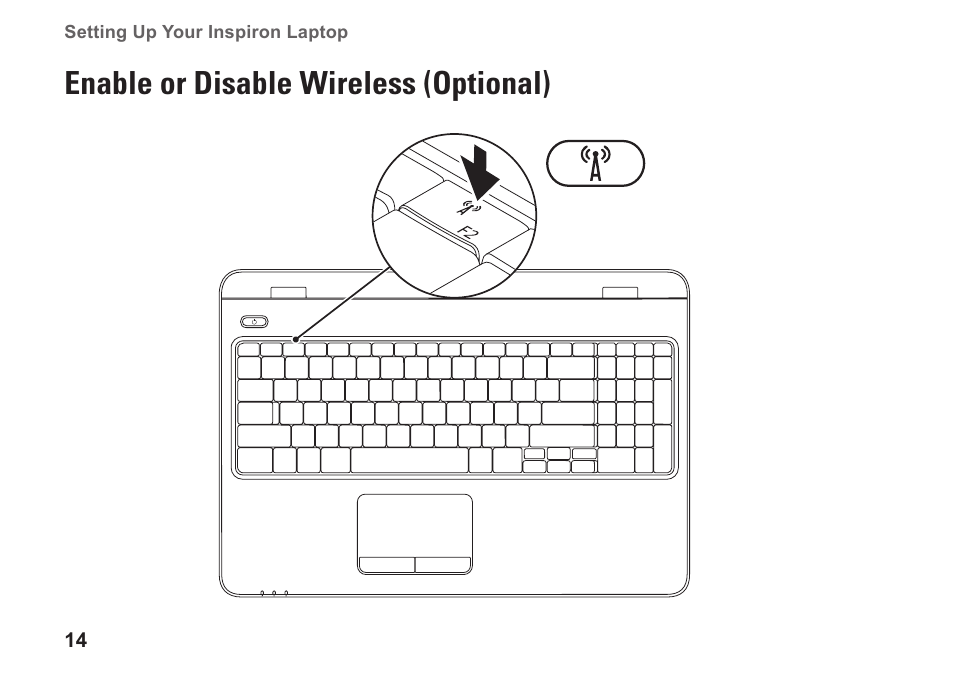 Enable or disable wireless (optional), Enable or disable wireless, Optional) | Dell Inspiron M501R (Early 2010) User Manual | Page 16 / 96