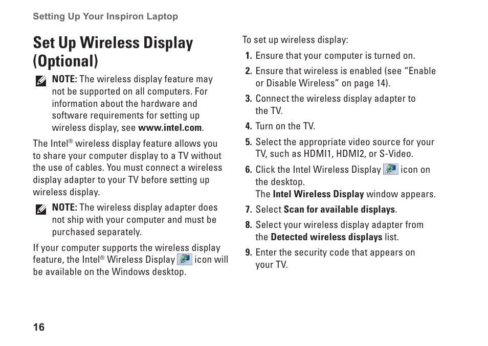 Set up wireless display (optional) | Dell Inspiron M501R (Early 2010) User Manual | Page 18 / 96