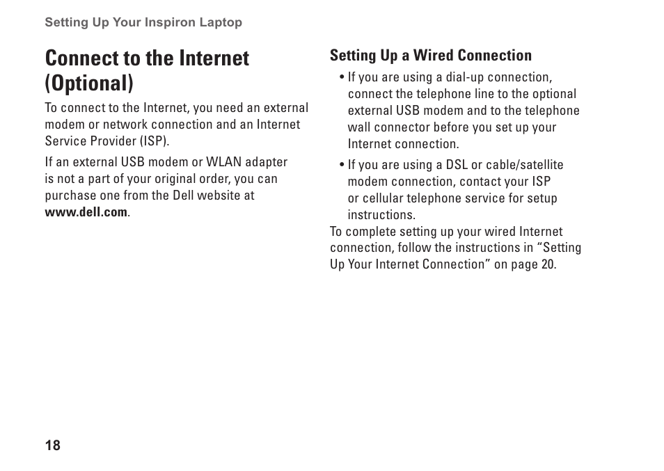 Connect to the internet (optional) | Dell Inspiron M501R (Early 2010) User Manual | Page 20 / 96