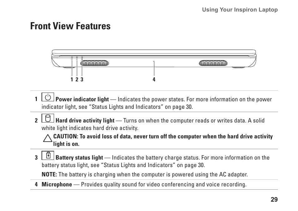 Front view features | Dell Inspiron M501R (Early 2010) User Manual | Page 31 / 96