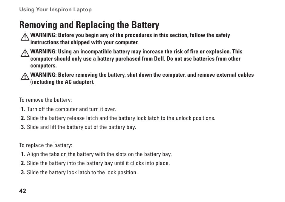 Removing and replacing the battery | Dell Inspiron M501R (Early 2010) User Manual | Page 44 / 96