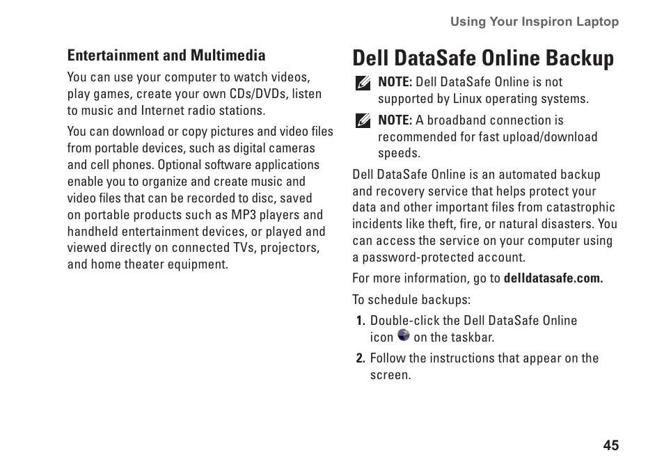 Dell datasafe online backup | Dell Inspiron M501R (Early 2010) User Manual | Page 47 / 96