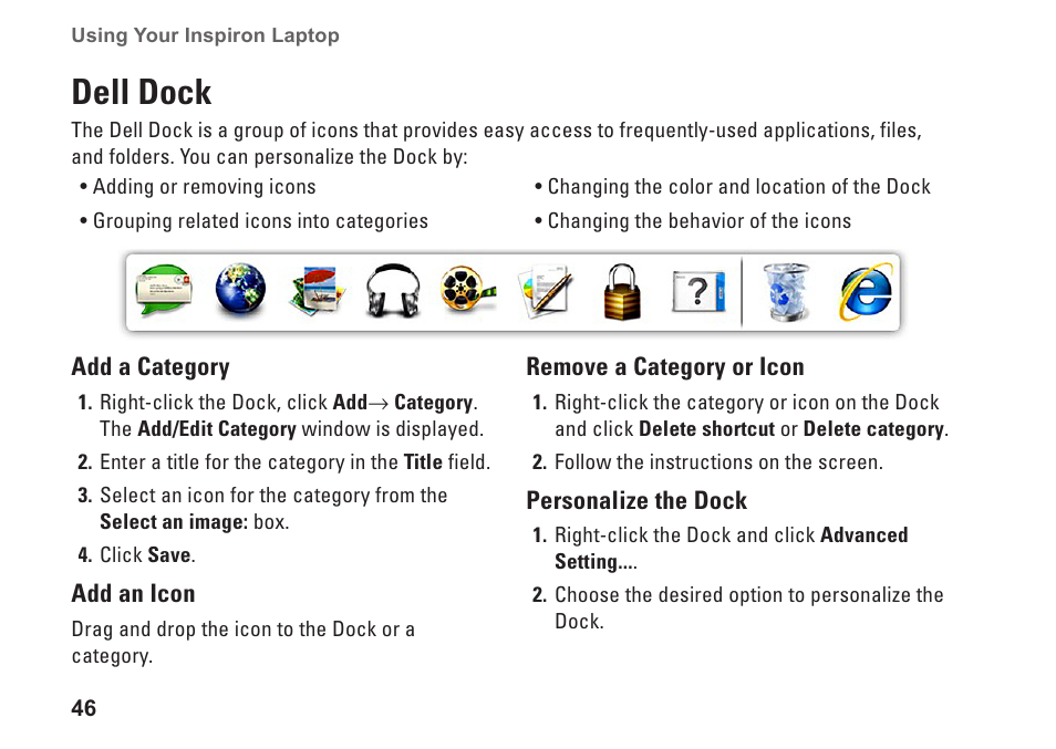 Dell dock | Dell Inspiron M501R (Early 2010) User Manual | Page 48 / 96