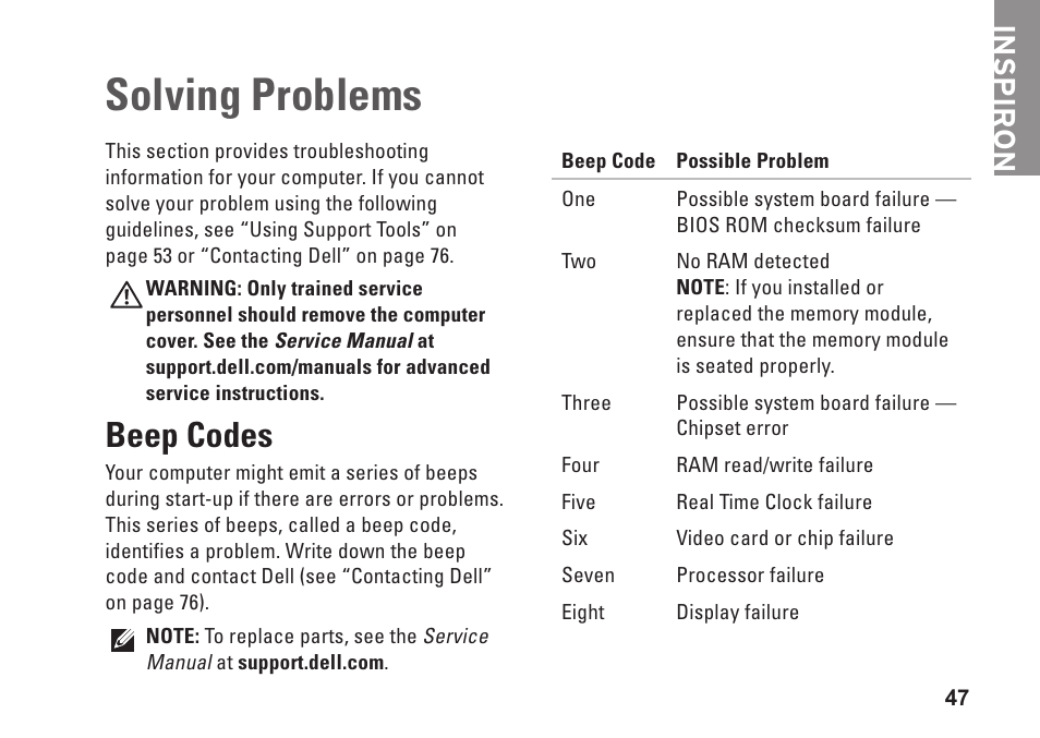 Solving problems, Beep codes, Inspiron | Dell Inspiron M501R (Early 2010) User Manual | Page 49 / 96