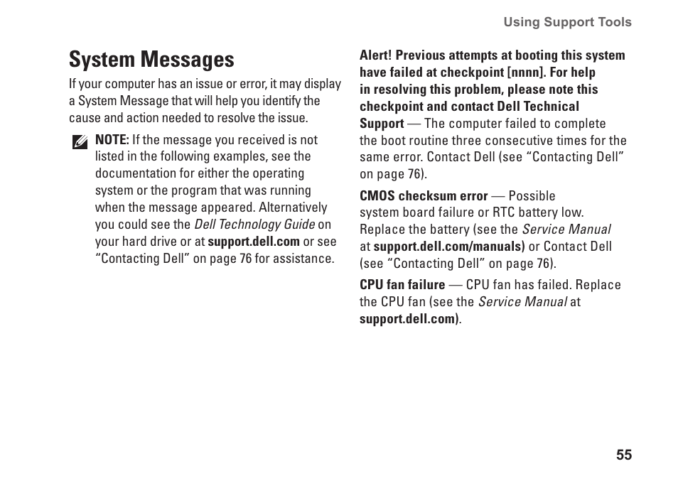 System messages | Dell Inspiron M501R (Early 2010) User Manual | Page 57 / 96