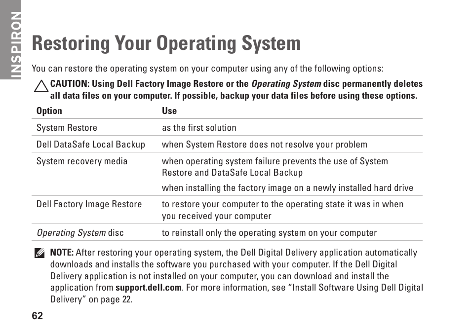 Restoring your operating system, Inspiron | Dell Inspiron M501R (Early 2010) User Manual | Page 64 / 96