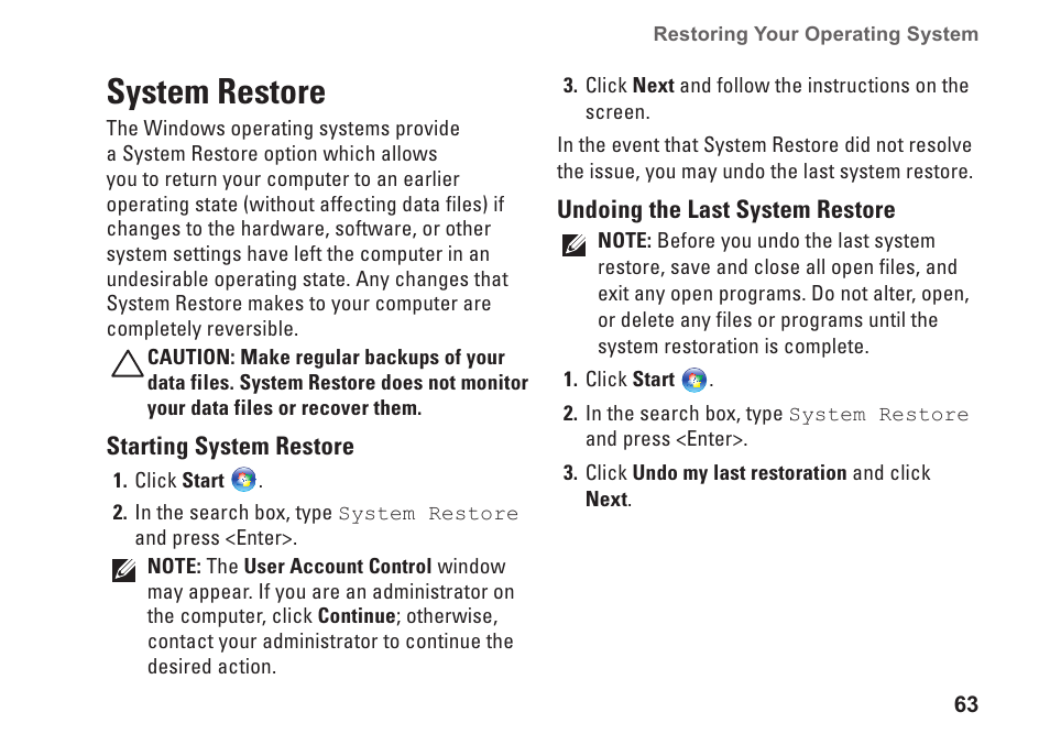 System restore | Dell Inspiron M501R (Early 2010) User Manual | Page 65 / 96