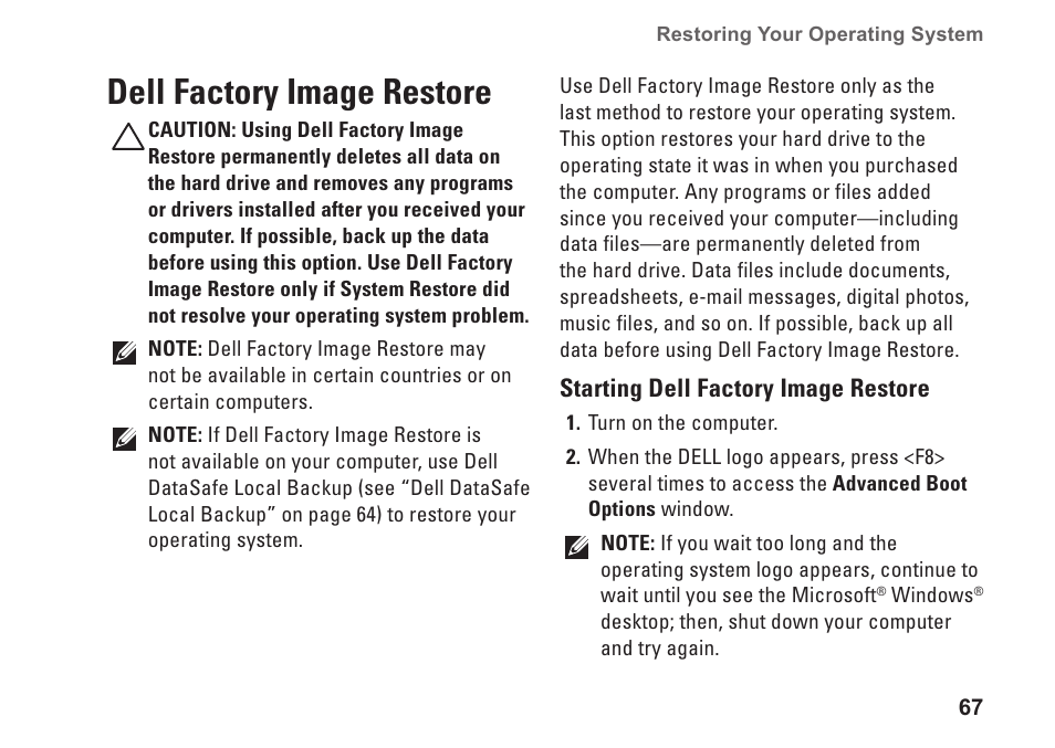 Dell factory image restore | Dell Inspiron M501R (Early 2010) User Manual | Page 69 / 96