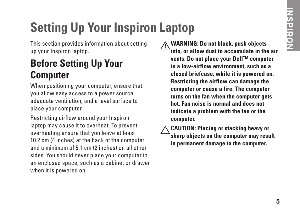 Setting up your inspiron laptop, Before setting up your computer, Inspiron | Dell Inspiron M501R (Early 2010) User Manual | Page 7 / 96
