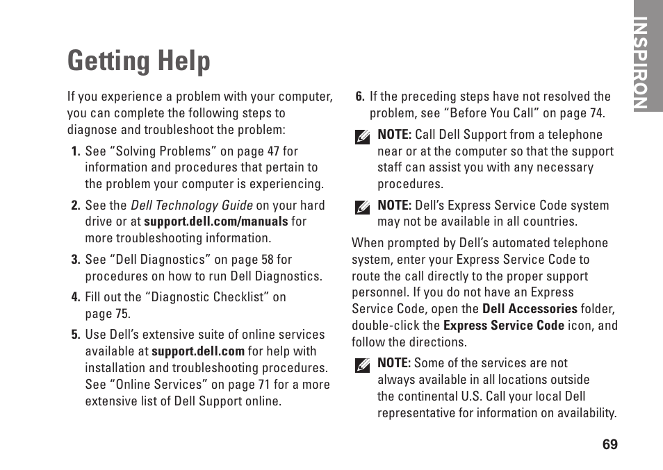 Getting help, Inspiron | Dell Inspiron M501R (Early 2010) User Manual | Page 71 / 96