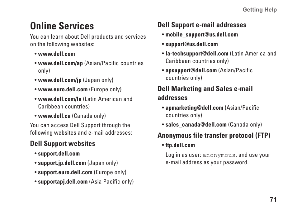 Online services | Dell Inspiron M501R (Early 2010) User Manual | Page 73 / 96