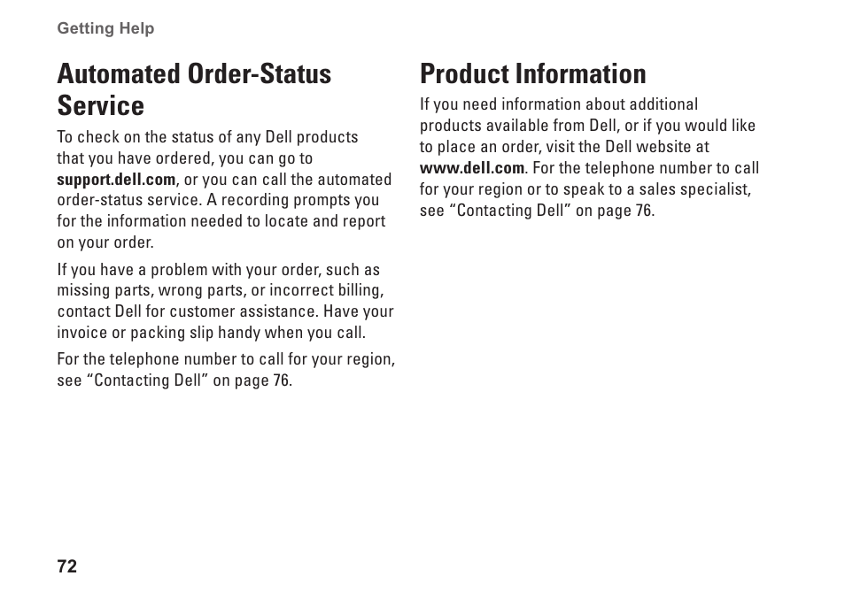 Automated order-status service, Product information, Automated order‑status service product information | Dell Inspiron M501R (Early 2010) User Manual | Page 74 / 96