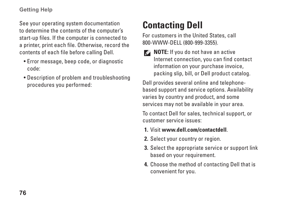 Contacting dell | Dell Inspiron M501R (Early 2010) User Manual | Page 78 / 96
