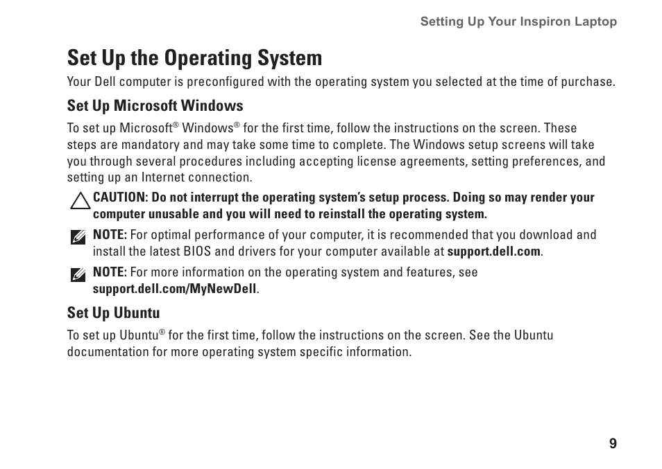 Set up the operating system | Dell Inspiron Mini 10v (1018, Mid 2010) User Manual | Page 11 / 78