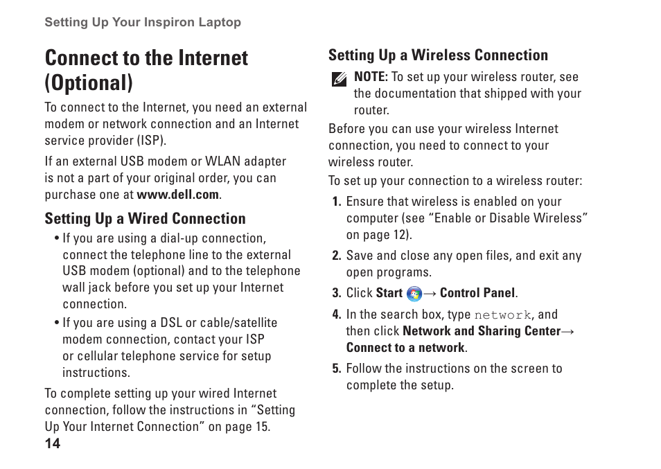 Connect to the internet (optional) | Dell Inspiron Mini 10v (1018, Mid 2010) User Manual | Page 16 / 78