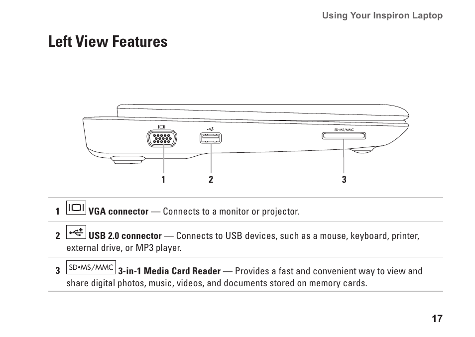 Left view features | Dell Inspiron Mini 10v (1018, Mid 2010) User Manual | Page 19 / 78