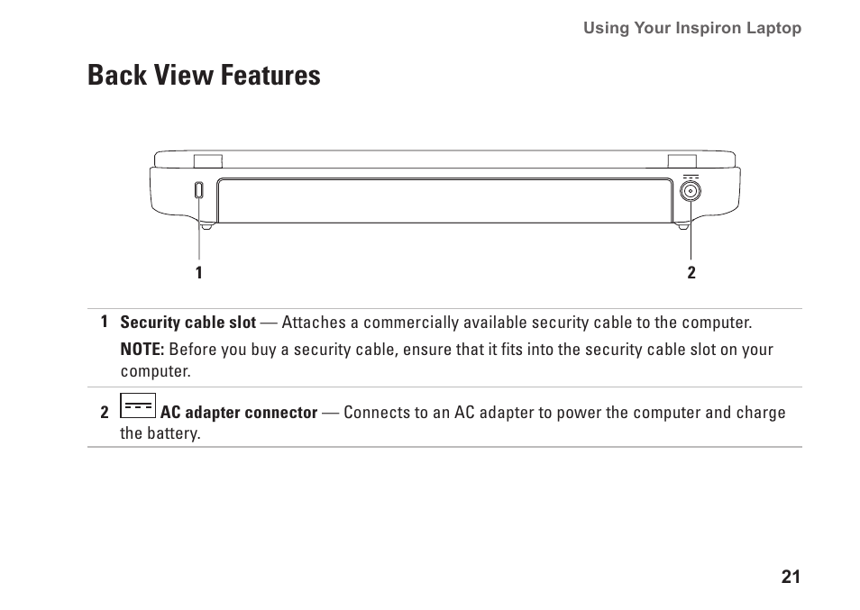 Back view features | Dell Inspiron Mini 10v (1018, Mid 2010) User Manual | Page 23 / 78