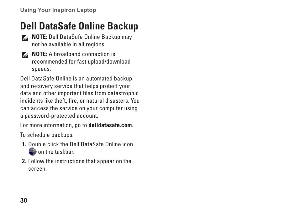 Dell datasafe online backup | Dell Inspiron Mini 10v (1018, Mid 2010) User Manual | Page 32 / 78