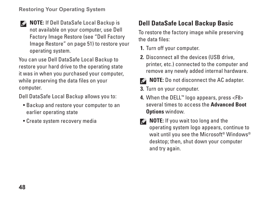 Dell datasafe local backup basic | Dell Inspiron Mini 10v (1018, Mid 2010) User Manual | Page 50 / 78