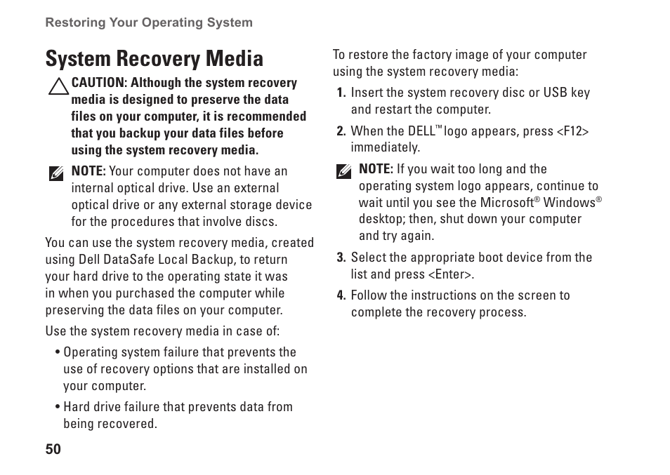 System recovery media | Dell Inspiron Mini 10v (1018, Mid 2010) User Manual | Page 52 / 78