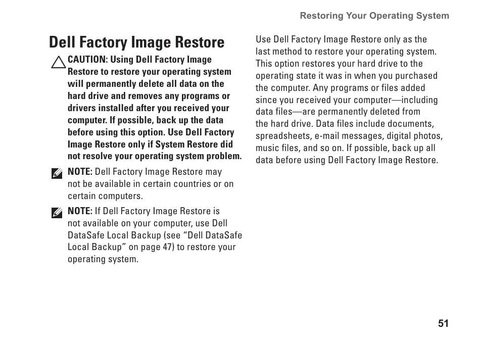 Dell factory image restore | Dell Inspiron Mini 10v (1018, Mid 2010) User Manual | Page 53 / 78