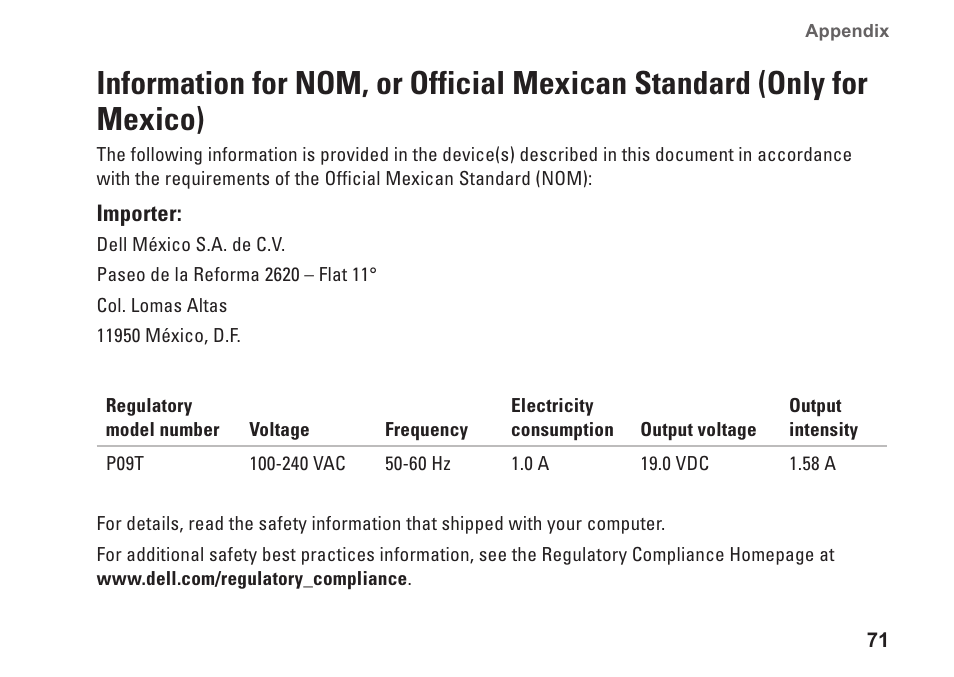 Information for nom, or official mexican, Standard (only for mexico) | Dell Inspiron Mini 10v (1018, Mid 2010) User Manual | Page 73 / 78