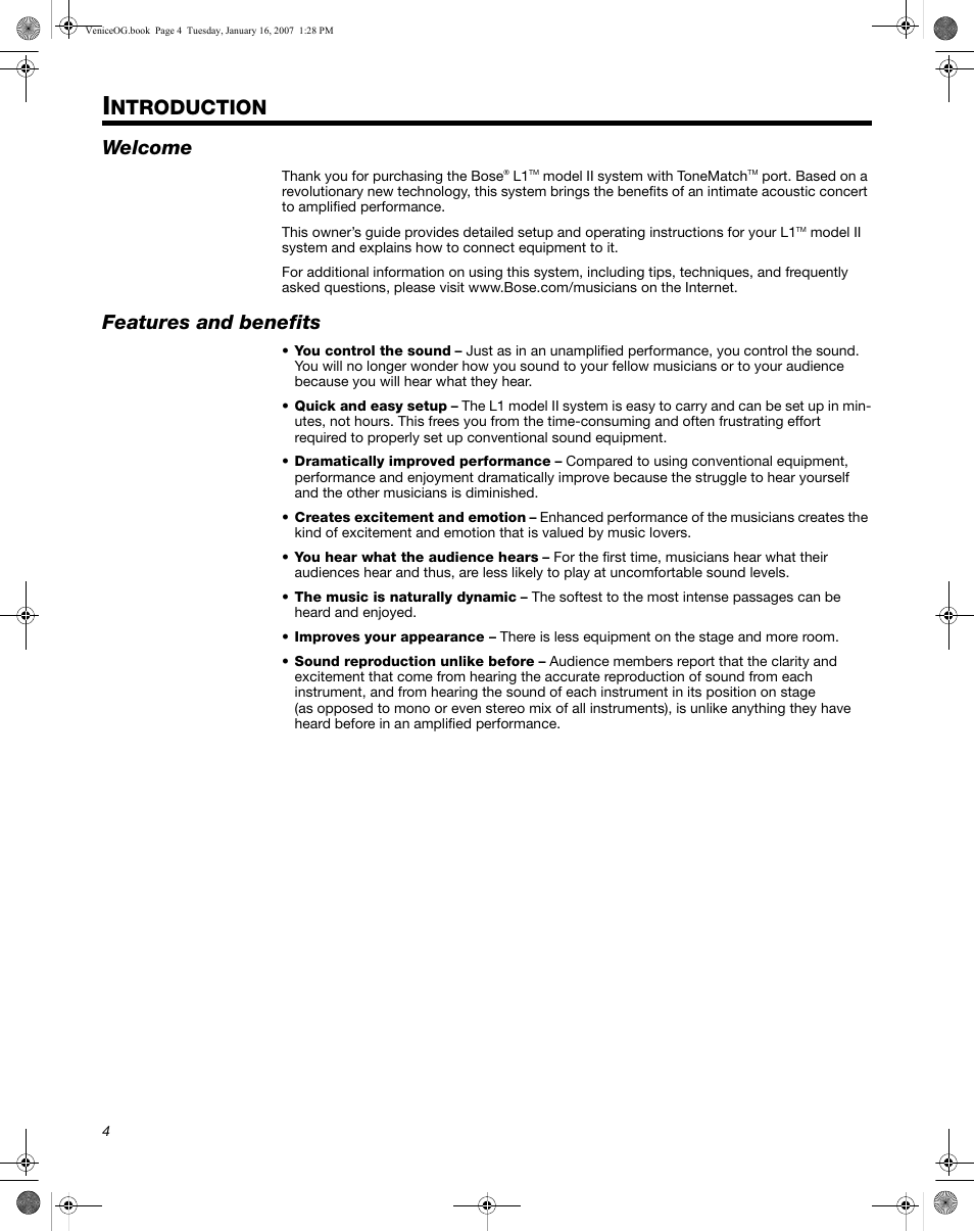 Ntroduction, Welcome, Features and benefits | Bose L1 Model II User Manual | Page 12 / 32