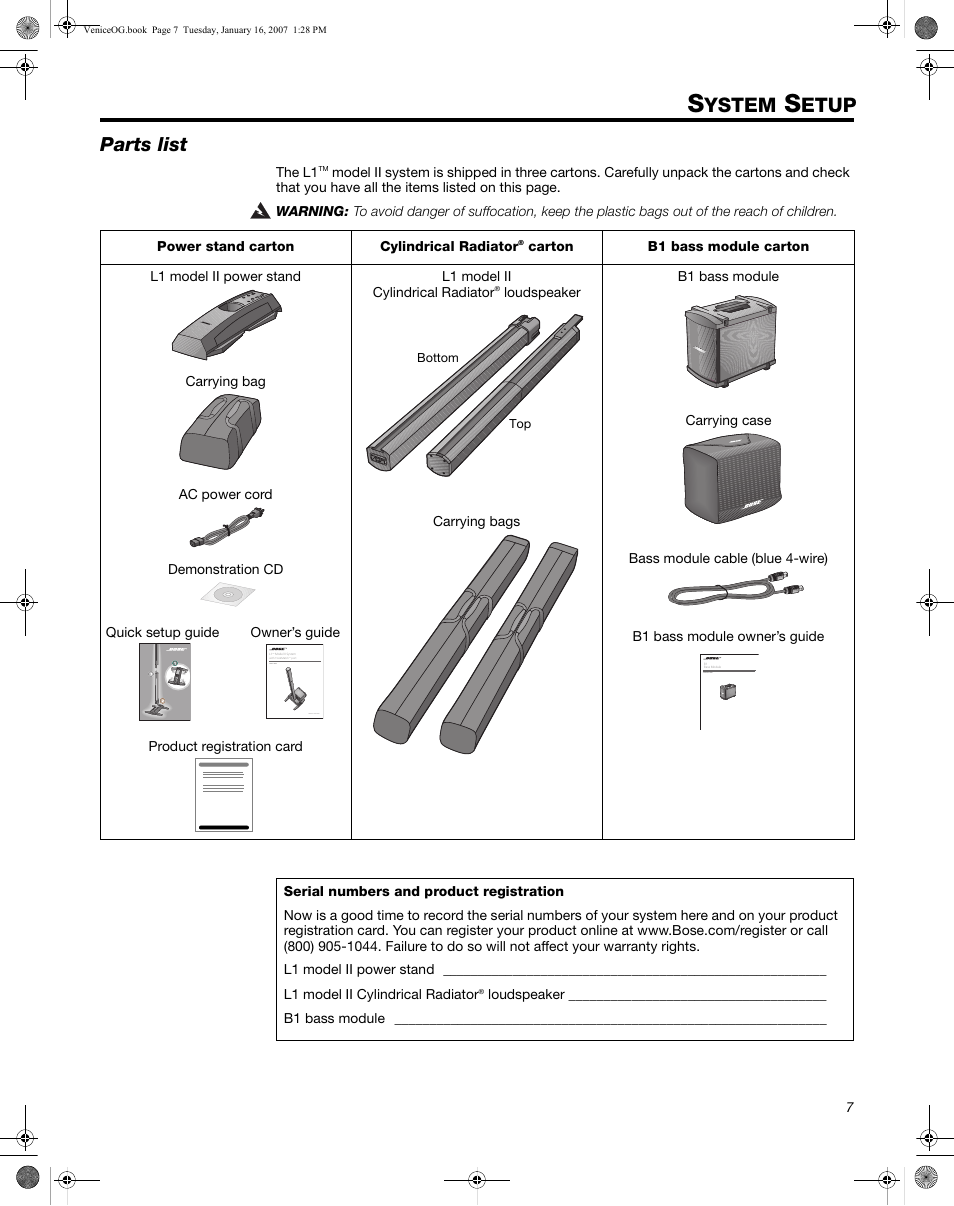 Ystem, Etup, Parts list | Bose L1 Model II User Manual | Page 15 / 32