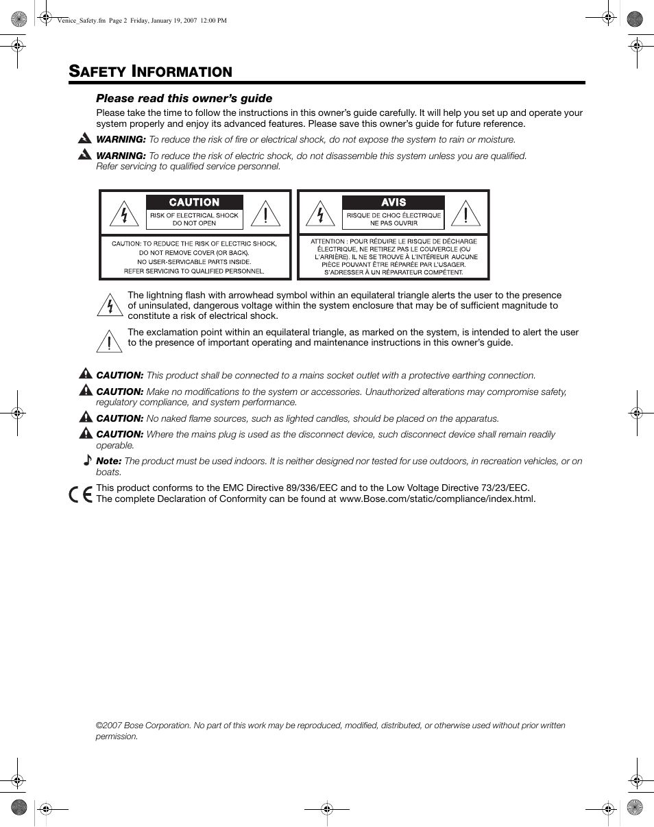 Afety, Nformation | Bose L1 Model II User Manual | Page 2 / 32