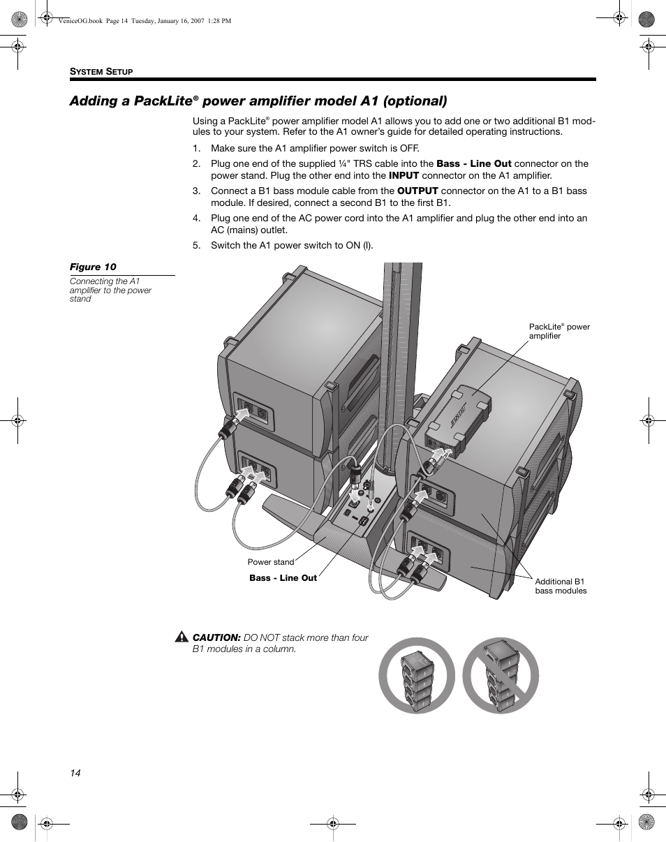 Adding a packlite, Refer to “adding a packlite, Power amplifier model a1 (optional) | Bose L1 Model II User Manual | Page 22 / 32