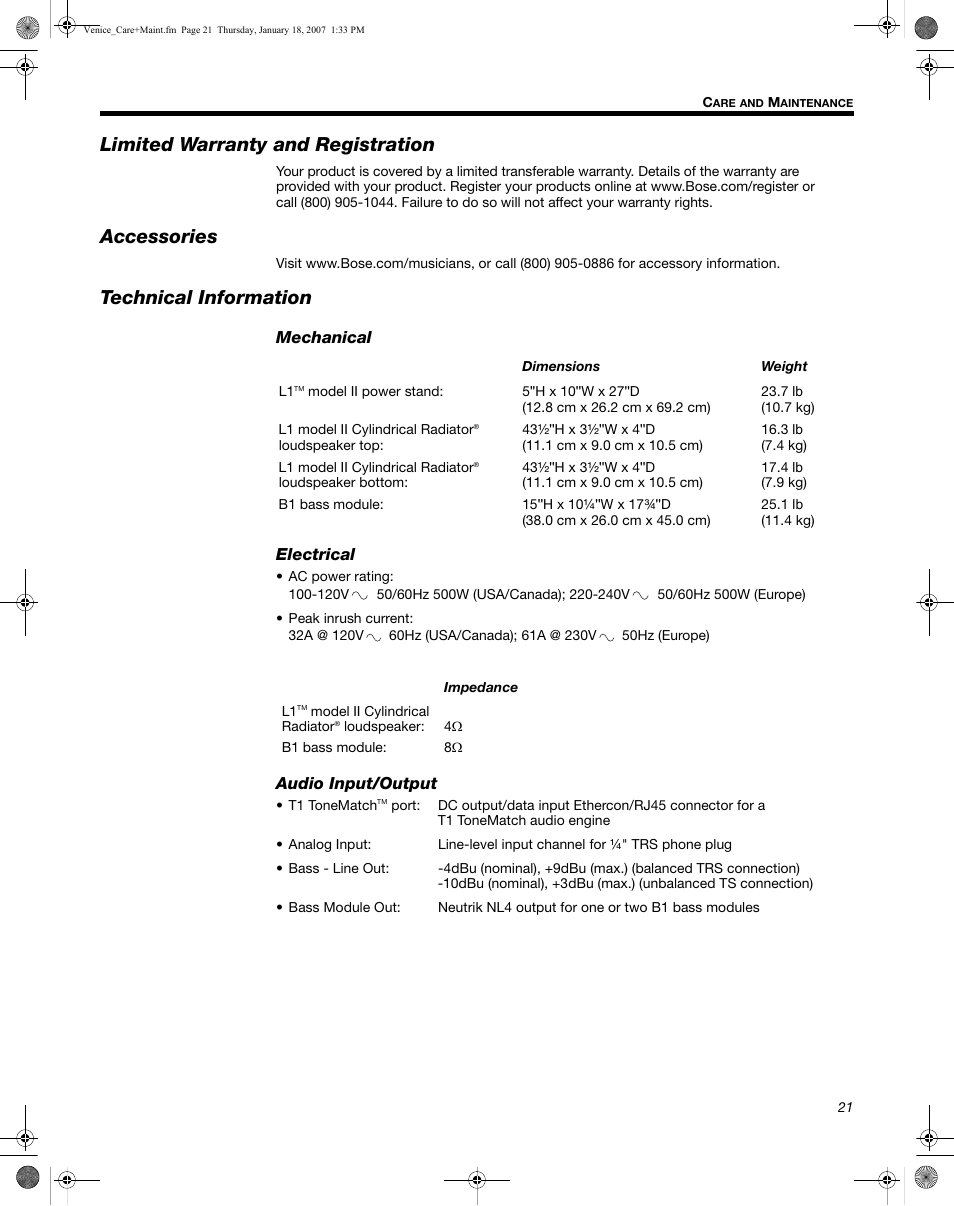 Limited warranty and registration, Accessories, Technical information | Mechanical, Electrical, Audio input/output | Bose L1 Model II User Manual | Page 29 / 32