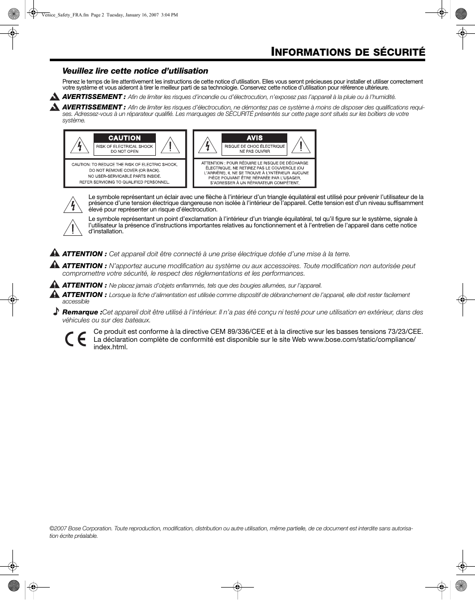 Nformations, Sécurité | Bose L1 Model II User Manual | Page 7 / 32