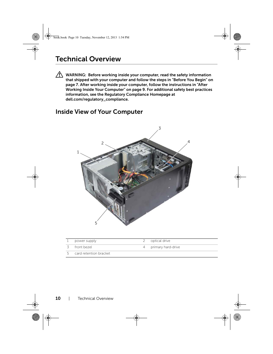 Technical overview, Inside view of your computer | Dell Inspiron Desktop (3847, Early 2013) User Manual | Page 10 / 55