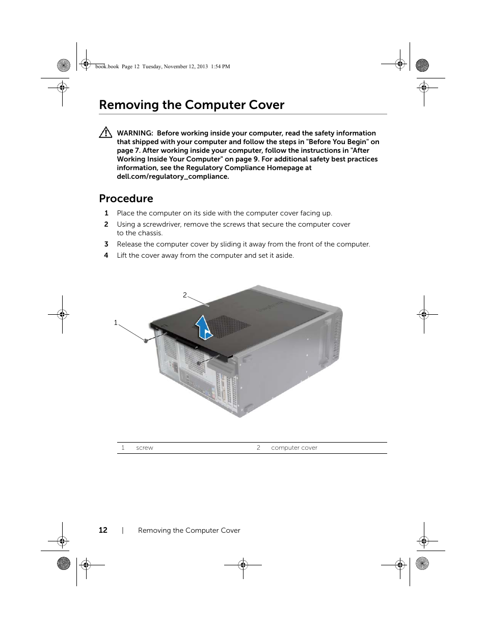 Removing the computer cover, Procedure | Dell Inspiron Desktop (3847, Early 2013) User Manual | Page 12 / 55
