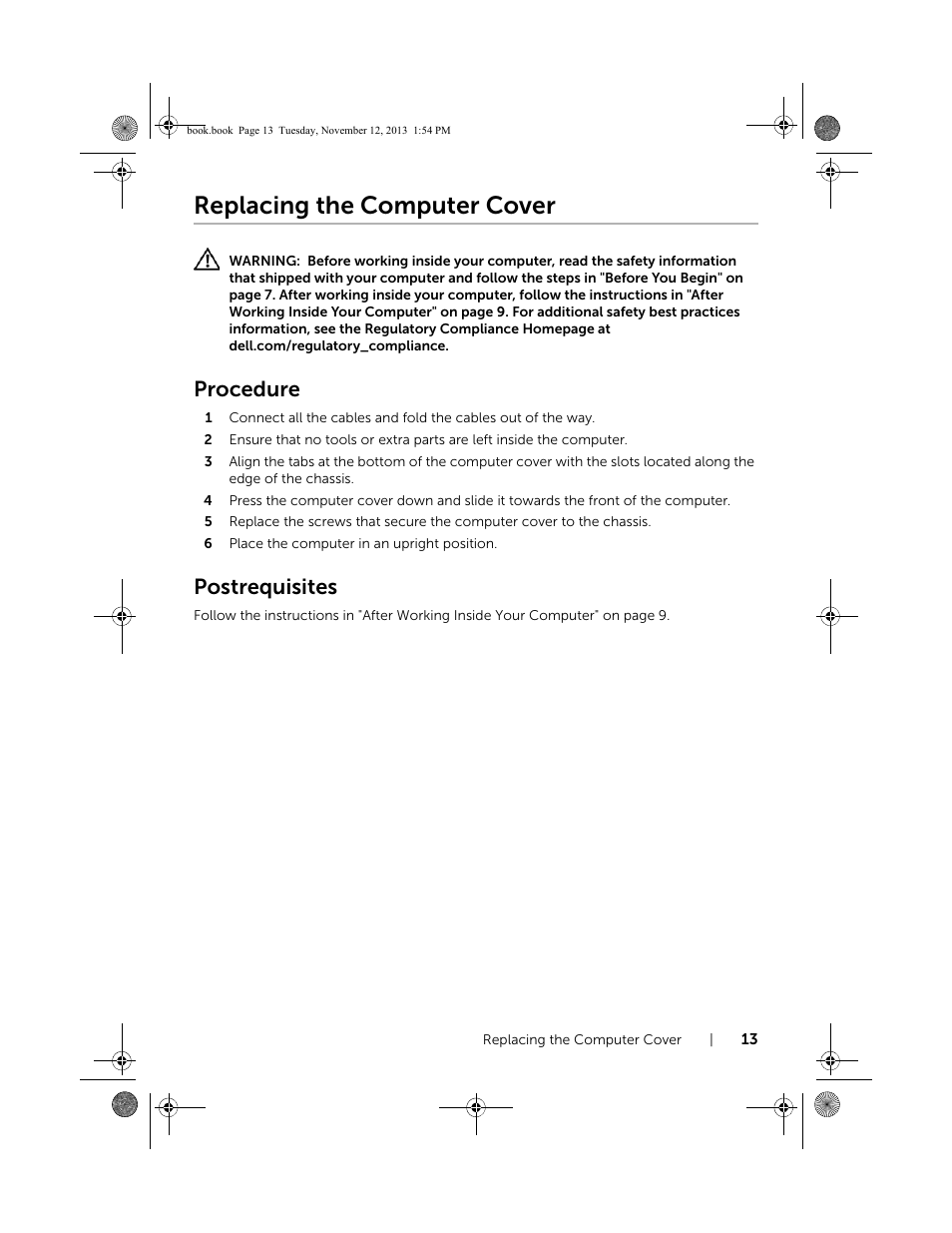 Replacing the computer cover, Procedure, Postrequisites | Dell Inspiron Desktop (3847, Early 2013) User Manual | Page 13 / 55