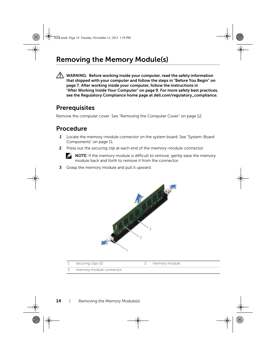 Removing the memory module(s), Prerequisites, Procedure | Dell Inspiron Desktop (3847, Early 2013) User Manual | Page 14 / 55