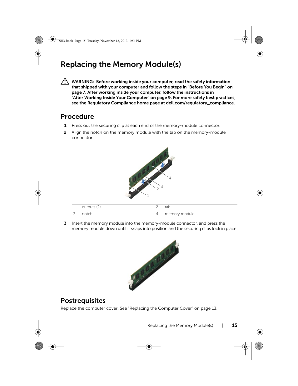 Replacing the memory module(s), Procedure, Postrequisites | Dell Inspiron Desktop (3847, Early 2013) User Manual | Page 15 / 55