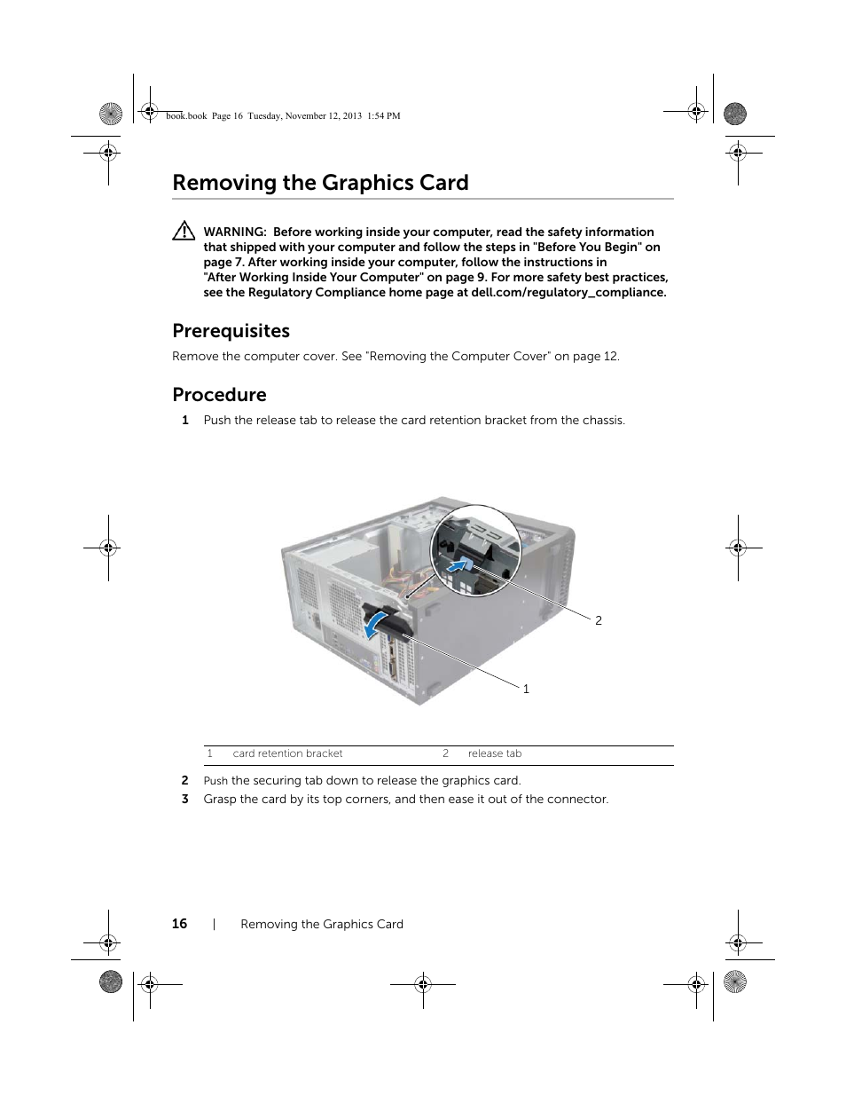 Removing the graphics card, Prerequisites, Procedure | Dell Inspiron Desktop (3847, Early 2013) User Manual | Page 16 / 55