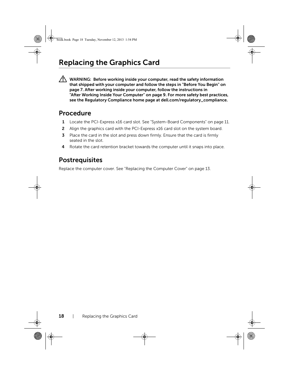 Replacing the graphics card, Procedure, Postrequisites | Dell Inspiron Desktop (3847, Early 2013) User Manual | Page 18 / 55