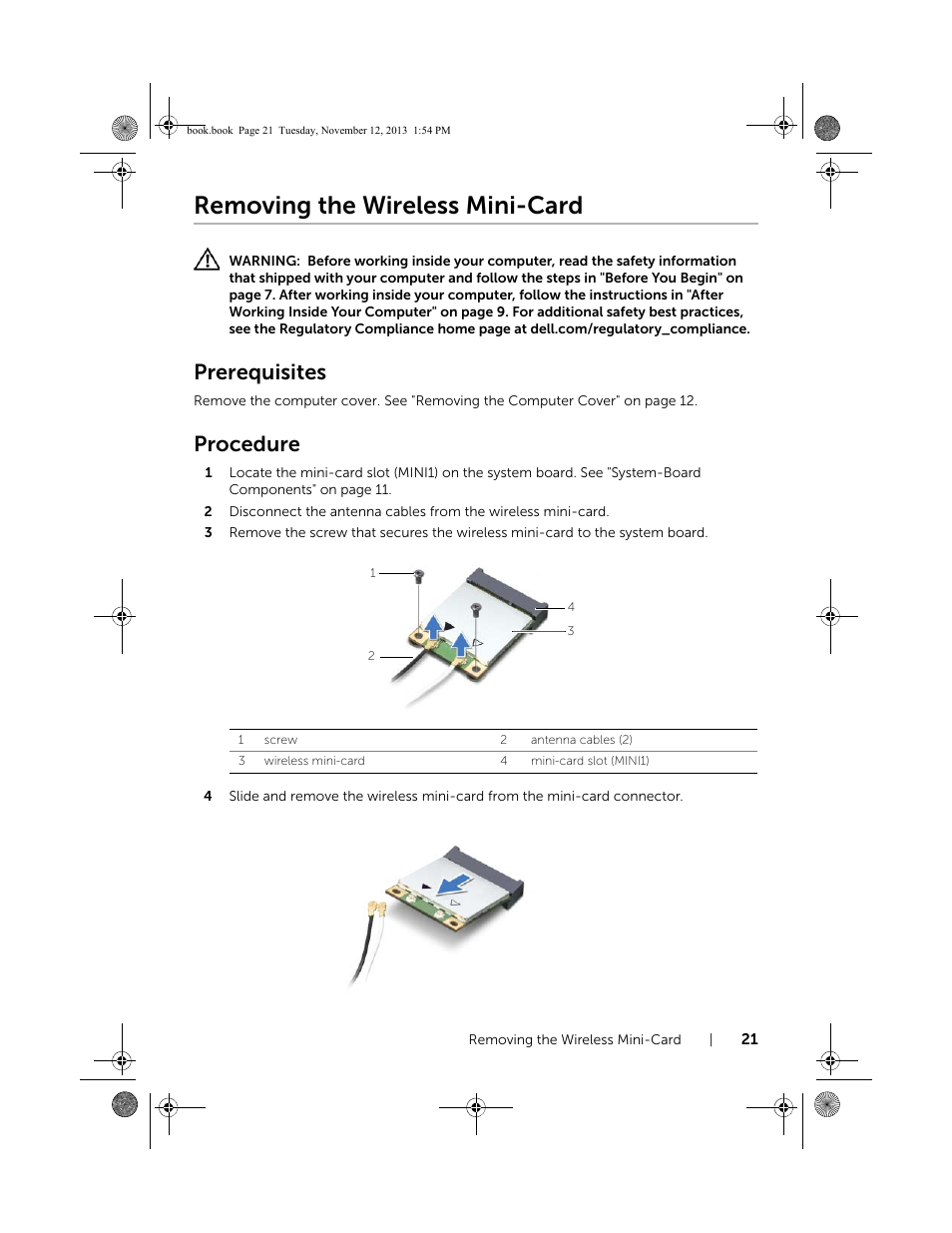 Removing the wireless mini-card, Prerequisites, Procedure | Dell Inspiron Desktop (3847, Early 2013) User Manual | Page 21 / 55