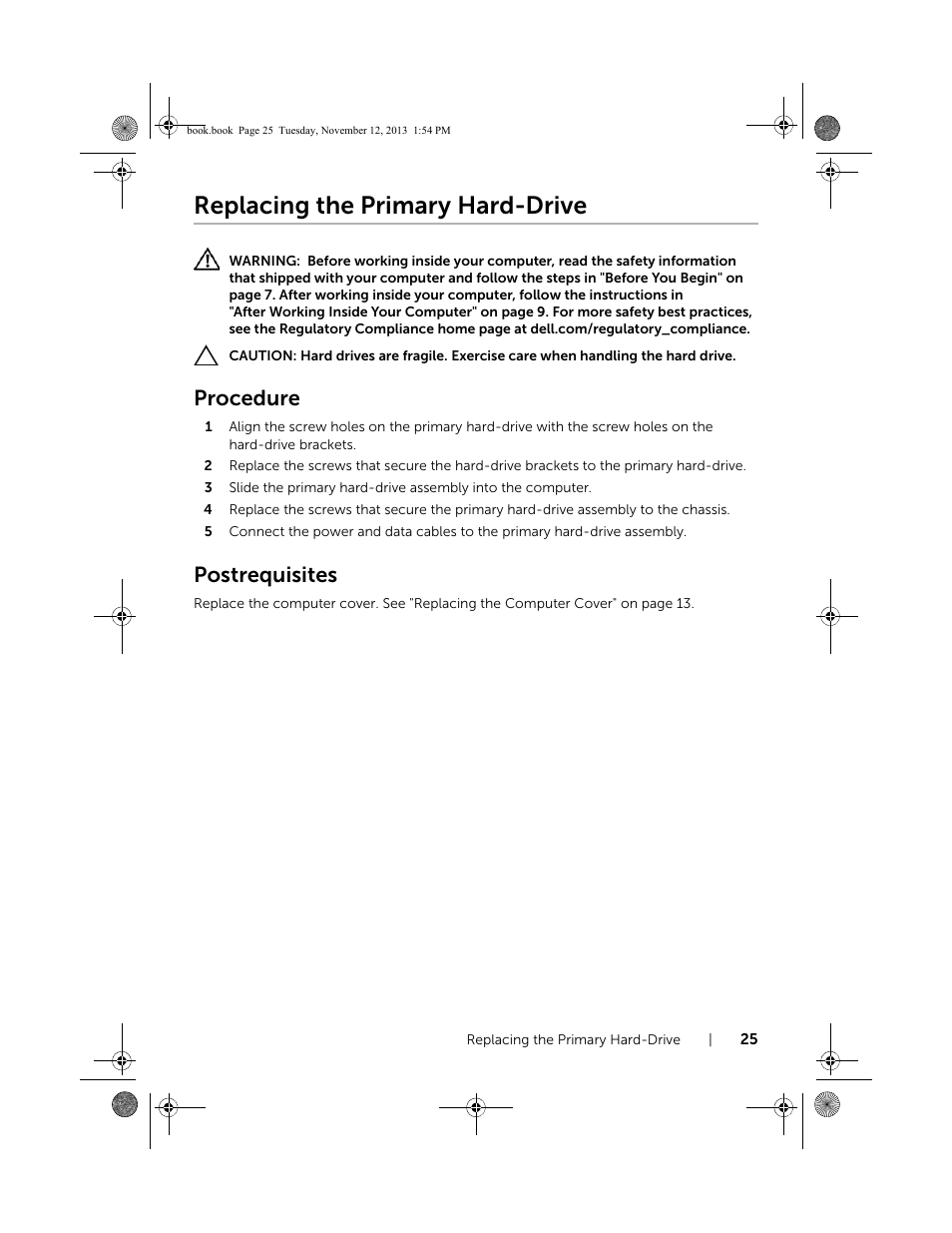 Replacing the primary hard-drive, Procedure, Postrequisites | Dell Inspiron Desktop (3847, Early 2013) User Manual | Page 25 / 55