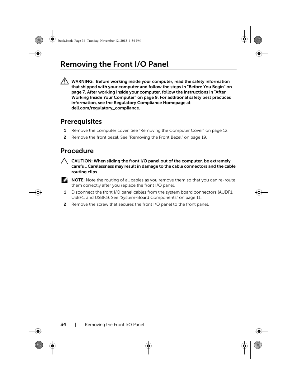 Removing the front i/o panel, Prerequisites, Procedure | Dell Inspiron Desktop (3847, Early 2013) User Manual | Page 34 / 55